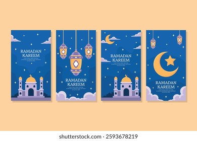 Flat vector Ramadan Kareem social media an Islamic mosque, decorative lanterns, and a beautiful crescent moon in the night sky. Perfect for greeting cards, social media posts, and event invitation.