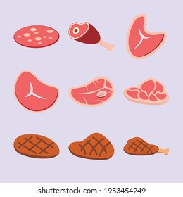 vector plano del filete de carne de vacuno crudo y sumergido de diversas formas