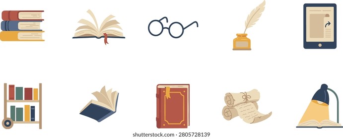 Flat Vector Reading and Writing Icon Set Featuring Open Books, Bookshelf, Feather Quill Inkwell, Glasses, Scroll, Ereader, and Lamp for Education Designs.eps