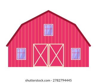 Flat vector red barn illustration in countryside farm style. Rustic agricultural building isolated on light background.
