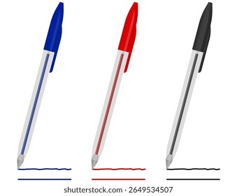 Flat vector of red, blue, and black ballpoint pens showing straight writing strokes.