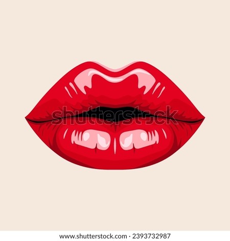 Flat Vector Red Female Lips Icon Closeup. Woman Lips Giving Kisses. Kiss, Love, Sexy and Beauty Concept. Modern Pop Art Cartoon Comic Style, Simple Design