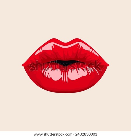 Flat Vector Red Female Lips Icon Closeup. Woman Lips Giving Kisses. Kiss, Love, Sexy and Beauty Concept. Modern Pop Art Cartoon Comic Style, Simple Design