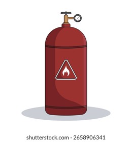 Vetor plano do cilindro de gás vermelho com ícone de aviso de chama e válvula de pressão, ideal para sinais de segurança, uso de combustível industrial, tanques de propano, gráficos de material inflamável e elementos infográficos.