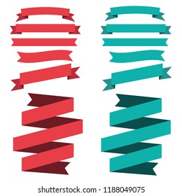 Flat vector red and green ribbon set on white background. Retro style 