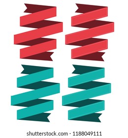 Flat vector red and green ribbon set on white background. Retro style 