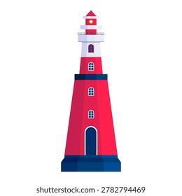 Flat vector red lighthouse illustration in nautical style. Coastal maritime beacon isolated on light background.