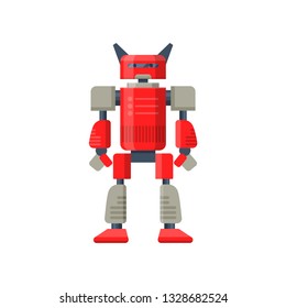 Flat vector of red robot transformer. Futuristic metal android. Steel warrior. Artificial intelligence