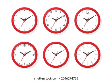 Flat Vector Red Wall Office Clock Icon Set Isolated. White Dial. Design Template of Wall Clock. Time, Business Concept. Top, Front View