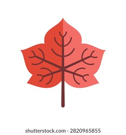Flat vector redbud leaf with heart-shaped three-lobed form, split into deep red and coral pink halves with dark brown veins and stem, minimalist autumn illustration isolated on white background.