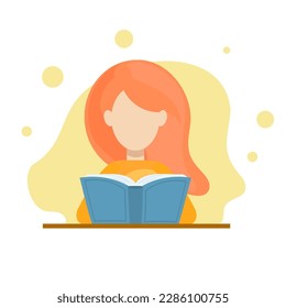 flat vector redhead girl sitting at a table and reading a book