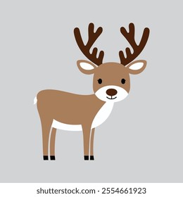 Flat Vector Reindeer Illustration, Cartoon Design with Brown Body and Branching Antlers, Clean Minimalist Aesthetic