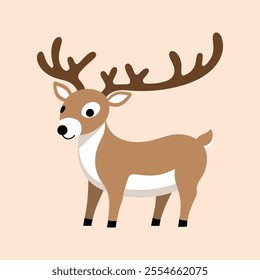 Flat Vector Reindeer Illustration, Cartoon Design with Brown Body and Branching Antlers, Clean Minimalist Aesthetic