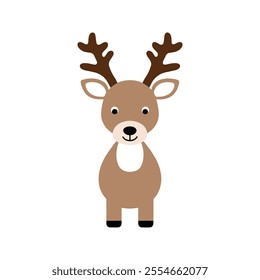 Flat Vector Reindeer Illustration, Cartoon Design with Brown Body and Branching Antlers, Clean Minimalist Aesthetic