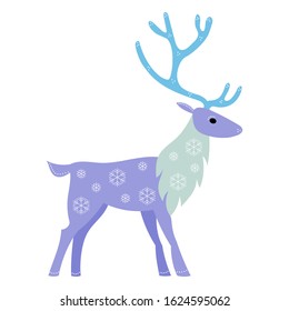 Flat vector reindeer, with snowflakes ornament, in blue tones, for Christmas and New Year