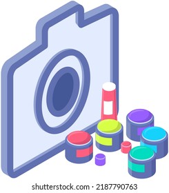 Flat vector retro colorful camera icon, photocam label. Mobile application sign. Photography design element. Minimalistic collection of photography logo template digital cam and jars of colored paints