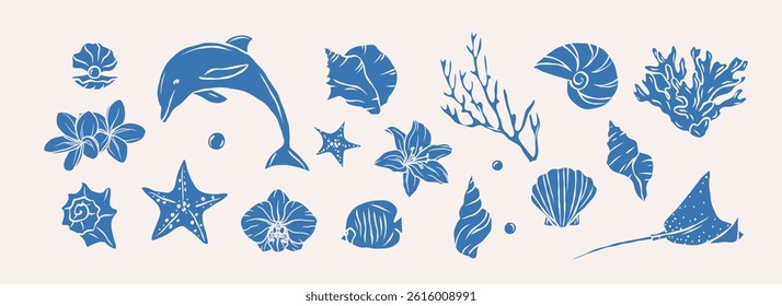 Flat vector retro doodle nautical elements
