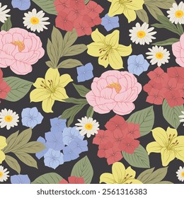 Flat vector retro flowers seamless pattern