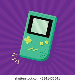 Flat vector retro portable gaming device. Colorful handheld video game console. Nostalgic classic 8-bit gamer gadget. Childhood electronic toy design illustration. 
