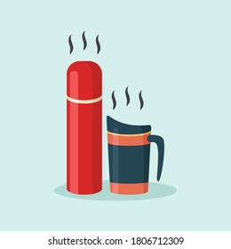 Flat vector reusable thermos tumbler mug and thermos bottle for hot drinks illustration.