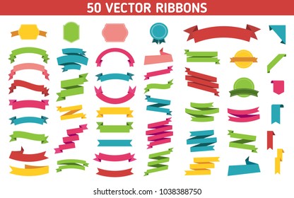 Flat vector ribbons banners flat isolated on white background, Illustration Set of 50 ribbons