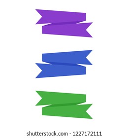 Flat vector ribbons banners flat isolated on white background, Illustration set of blue purple green tape