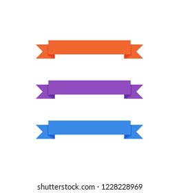 Flat vector ribbons banners flat isolated on white background, Illustration set of blue purple orange tape
