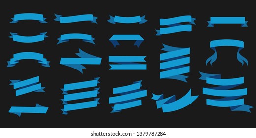 Flat vector ribbons banners flat isolated on black background. Classical blue tape.