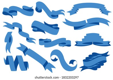 Banderas de cintas vectoriales planas aisladas sobre fondo blanco. Diseño moderno. Conjunto de ilustraciones de cinta azul y arco