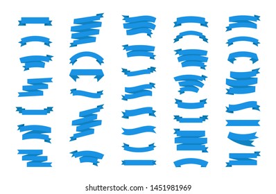 Flat vector ribbons. Flat blue ribbons banners isolated on white background. Set of blue ribbons.