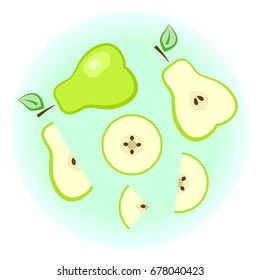 Flat vector ripe green pear set - fruit split in a half along and across, quarter, circle with rind sliced on half and quarter wedge. Cute colorful summer fruit