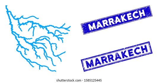 Flat vector river pictogram and rectangular Marrakech seals. A simple illustration iconic design of River on a white background. Blue Marrakech rubber seals with rubber surface.