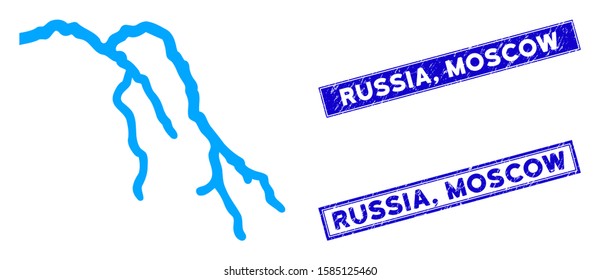 Flat vector river pictogram and rectangular Russia, Moscow seals. A simple illustration iconic design of River on a white background. Blue Russia, Moscow seals with grunge texture.