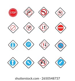 Conjunto de señales de tráfico y señales de tráfico de Vector plano: parada, estacionamiento, sin entrada, señales de dirección