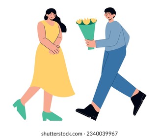 Flat vector romantic date illustration with happy couple and flowers, love, romance and future relationship 