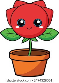 Flat vector rose flower plant image with flower pot