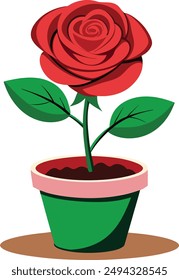 Flat vector rose flower plant image with flower pot