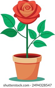 Flat vector rose flower plant image with flower pot