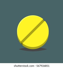 Flat vector round yellow Drug or Pill icon isolated on gray background, Medical Tablet symbol in cartoon style for design