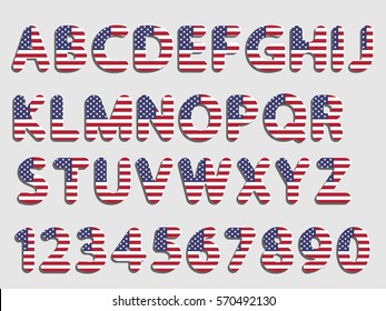 flat vector rounded American flag font alphabet letters and numerals with shadow and white glow like new paper effect design