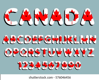 flat vector rounded flag of Canada font alphabet letters and numerals with shadow