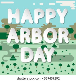flat vector rounded inscription happy arbor day on abstract landscape design of plant nursery backgrounds