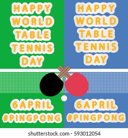 flat vector rounded inscription happy word table tennis 6 April hashtag ping pong on abstract table with net, racket and ball icon backgrounds
