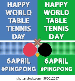 flat vector rounded inscription happy word table tennis 6 April hashtag ping pong on abstract table with net, racket and ball icon backgrounds