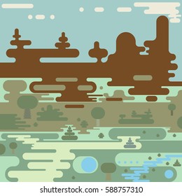 flat vector rounded landscape design of paths on field, meadow and forest near river and lakes in hills to mountains