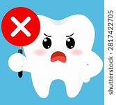 Flat vector sad tooth holding warning sign flat vector illustration