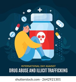 Flat vector of a sad young man sitting beside a medicine bottle with skull, promoting awareness against drug abuse and illicit trafficking. Perfect for health campaigns.