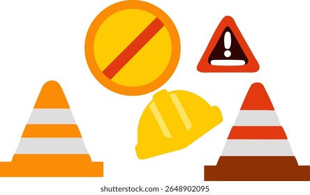 Vetor plano de símbolos de segurança e construção, incluindo cone, capacete e sinais de alerta. Perfeito para visuais de prevenção de riscos.