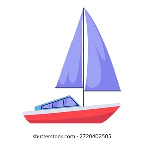 Flat vector sailboat illustration in side view. Small modern yacht with blue sails isolated on white background for sailing, marine travel, leisure, nautical concepts.