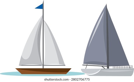 Flat vector sailboats with white and grey sails float on calm blue water surface